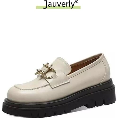 Genuine Leather Women Loafers Shoes Flat Platform Round Toe Shoes Metal Decoration Causal Ladies Footwear Autumn Beige Shoe 2021