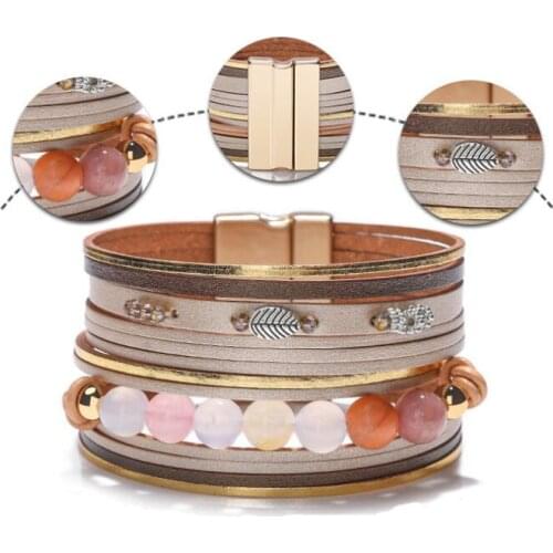 Hot Bohemian Pearl Crystal Leather Bracelet Woman Pulseira Magnetic Buckle Multilayer Bracelet Women Peace Bracelet