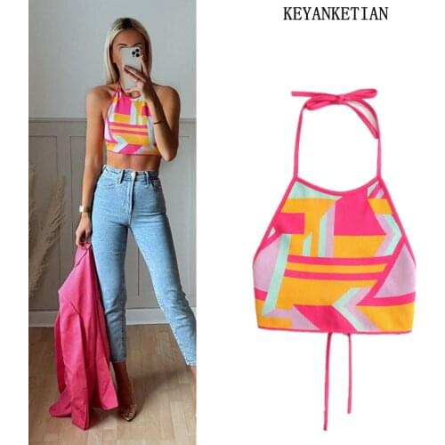 KEYANKETIAN za Womens 2021 fashion color geometric knitted halterneck vest vest summer open back lace short top streetwear
