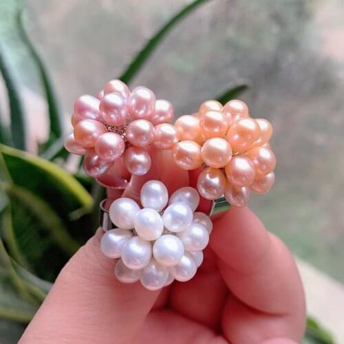 Elegant Natural Freshwater Pearl Finger Rings for Women Big Flower Full Rings White Pink Purple Real Pearl Wedding Bands Rings