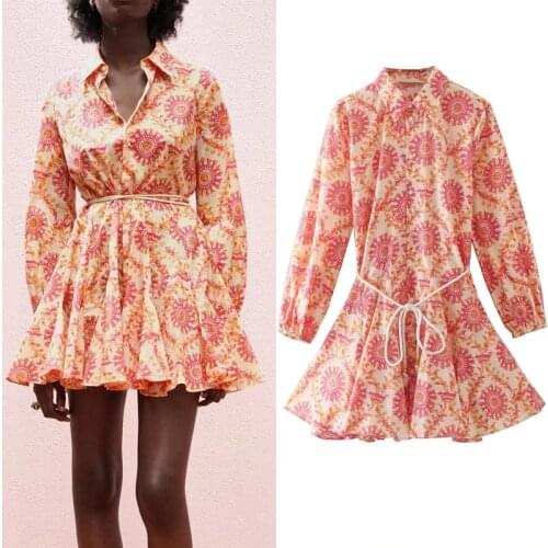 Za Dress Woman Belt Print Mini Shirt Dress Women Summer 2021 Vintage Long Puff Sleeve Short Dresses Ruched Casual Dresses