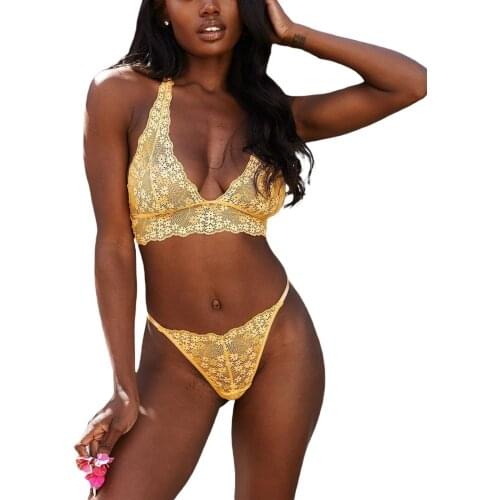 Women Sexy Two-piece Lingerie Set Floral and Lace Hem Deep V-neck Underwear and T-shaped Panties