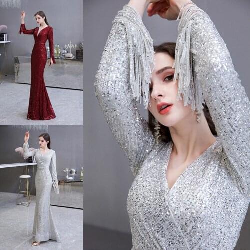 Sequins Women Party Dress alibride Plus Size Mermaid Evening Dress Prom Gown Robe De Soiree Silver Long Sleeves Evening Dresses