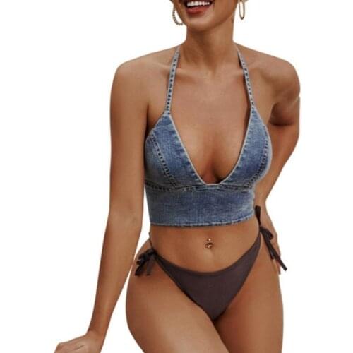 2021 Sexy Womens Retro Suspenders Hanging Neck Wild Beach Style New Spring Straps V-neck Denim Vest Y2k Fashionable Tops