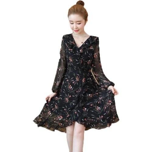 2021 Spring Autumn New Korean Plus Size Womens Dress Vintage Long Sleeve Chiffon Print Dress 233a