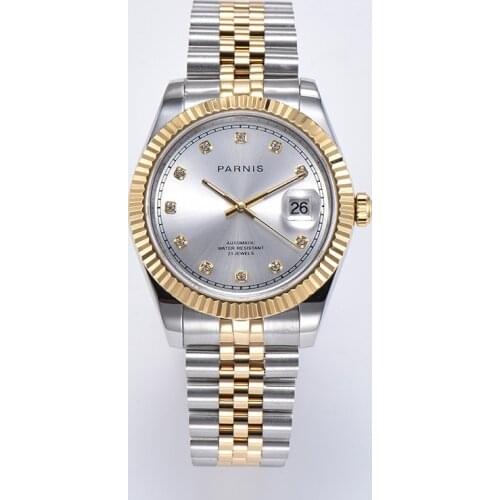 Parnis White Dial Mens Watches silver gold bracelet Automatic Mechanical Mens Watch Sapphire Crystal man clock