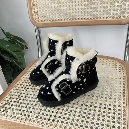 Dolakids 2020 Winter New Korean Version of Childrens Snow Boots Motorcycle Boots Cowhide Leather Fur Baby Shoes