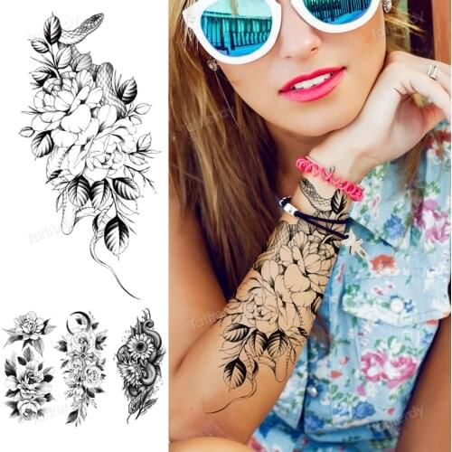 Fake sleeve tattoo for woman sticker tattoo snake peony rose sexy temporary tattoo flowers black henna fake waterdecal armband