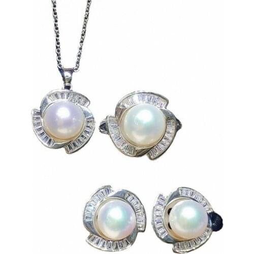 3pcs bridal jewelry set CZ freshwater pearl women elegant flower pendant necklace earring ring jewelry sets