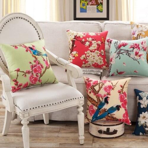 Linen Pillowcase American Country Flower and Bird Series Sofa Decoration Pillow Cover 18x18in Living Room Sofa Cushion Cover