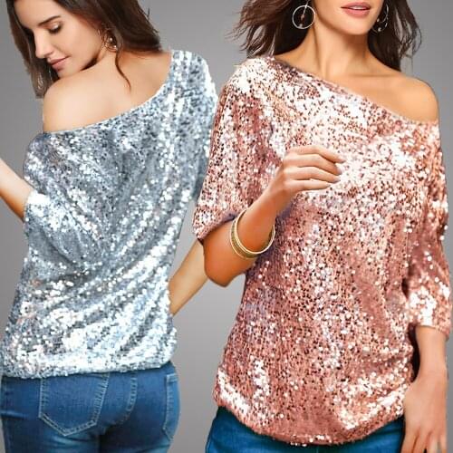 Fashion Summer New Office Lady Dobby Half Sequined Patchwork Asymmetrical T-shirt Women Pure Sequin Slant Sleeve Slim Tees Tops