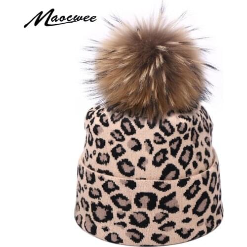 Fashion Women Leopard Beanie Hat Real Fur Pompon Ball Winter Warm Crochet Knitted Hat Hedging Cap Beanie For Women Hat gorras