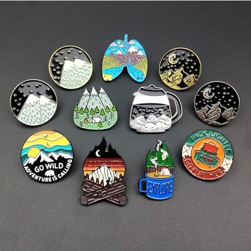 Fashion Brooches Bag DIY Clothes Lapel Pin Adventure Badge Jewelry Gift Outdoors Mountain Starry Night Enamel Camping Hiking
