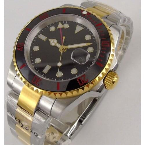 40MM Sterile Dial Sapphire Glass Yellow Gold Plated Black Ceramic Bezel Date Glass Case Back GMT Automatic Mens Wristwatch