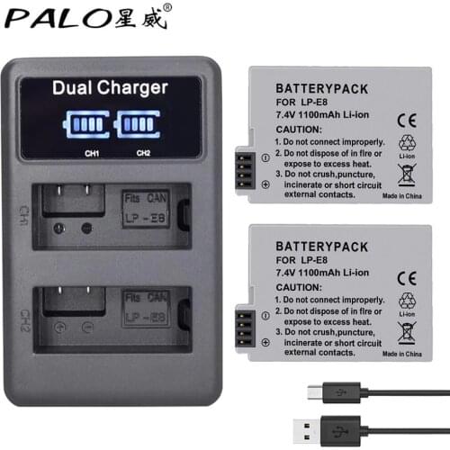PALO 2pcs LP-E8 LPE8 LP E8 Camera Battery For Canon EOS 550D 600D 650D 700D X4 X5 X6i X7i T2i T3i Battery+ 1 LCD Twofold Charger