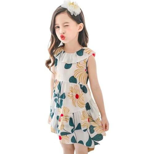 2 - 8 yrs baby girls Irregular ruffle printed sleeveless beach dress summer print cotton kids clothes little girls kawaii frocks