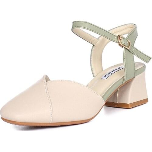 Sandals Female 2021 New Square Toe Soft Leather Shoes Female Thick Heel Mary Jane Hollow Outer Wear Sandals