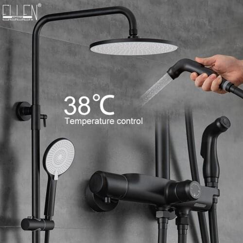 EllenThermostatic Shower Faucets Set Black Wall Mounted Rain Shower Faucet With Bdet Spray Bath Mixer Tap Hot Cold EL9407