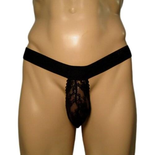 Men Briefs Sexy G-strings Bulge Pouch Underwear Micro Thong String T-Back Panties Male Wide Waist Band Lace See Through panties