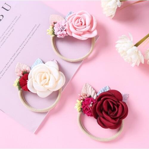 Pearl Girls Hair Accessories Baby Headband Artificial Flower Newborn Photo Props For Infant Thin Nylon Hairband Soft Head Bands