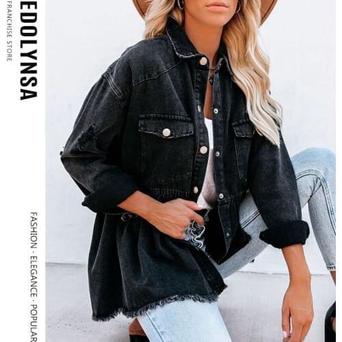 Hole Loose Denim Jacket 2021 Spring Vintage Frayed Coat Hem Frayed Women Medium length Coat Adjust Girdling Oversized Coat Y60