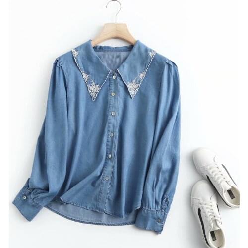Embroider denim shirt women streetwear spring soft jeans shirt long sleeves light blue casual loose shirt tops cotton