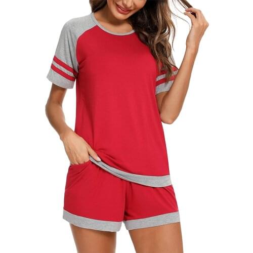 Women Two-piece Nightwear Set, Short Sleeve Round Collar Tops and Shorts, Black/ Red