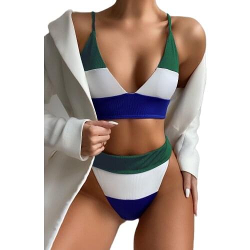 2021 New Women Sexy Striped V Neck Spling High Waist Bikini Female Swimsuit Swimwear Bathing Suit