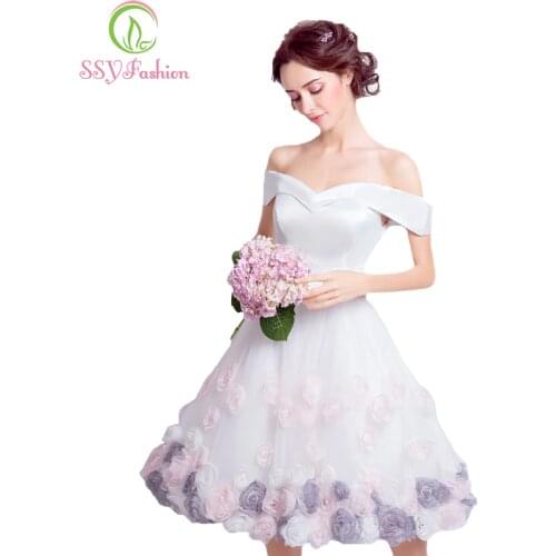 SSYFashion New White Satin with Rose Flower Short Cocktail Dress Bride Banquet Sweet Knee-length Formal Party Gown Robe De Soire