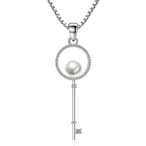 Hot Sale Design Fashion Pearl Crystal Key 925 Sterling Silver Pendant Necklaces for Women Girls Jewelry Christmas Gift