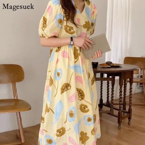 Korean Style Loose Floral Women Dress Summer 2021 Puff Sleeve V Neck Mid-Length Dress Lady Short Sleeve Dresses Vestido 15733