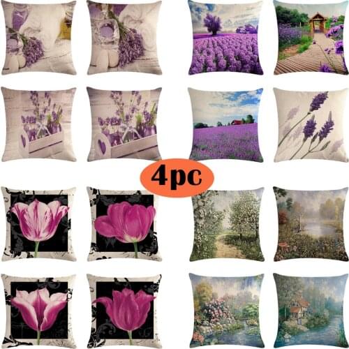 1lot Lavender Floral Print Throw Pillow Covers 4pc Linen Cushion Covers Hand Painted Flowers Vintage Decorative Pillows for Home