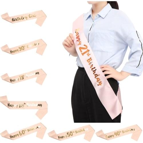 1pc Champagne Girl Pink Sash Shoulder Happy Birthday Satin Sashes Shoulder Strap Adult Woman Ribbon for Anniversary Party Decor