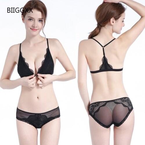 BIIGGXX New Triangle Cup Strapless Bra Thin Hooked Lace Bra with Sexy Front Button Y-back Lingerie Set Underwear Women Set