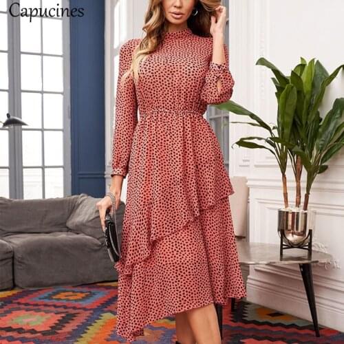 Capucines Sexy Layered Ruffles Trim Printed Chiffon Dress Autumn Bottom Keyhole Back Chic Boho Long Dresses For Women