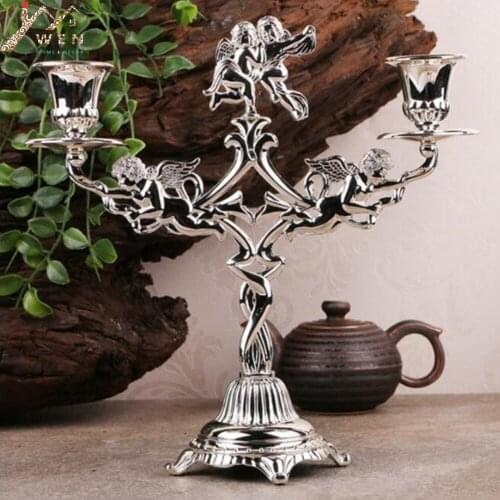 IMUWEN New arrival candle holder 2-arm creative silver plated candle stick, Angel pattern wedding/ home decoration