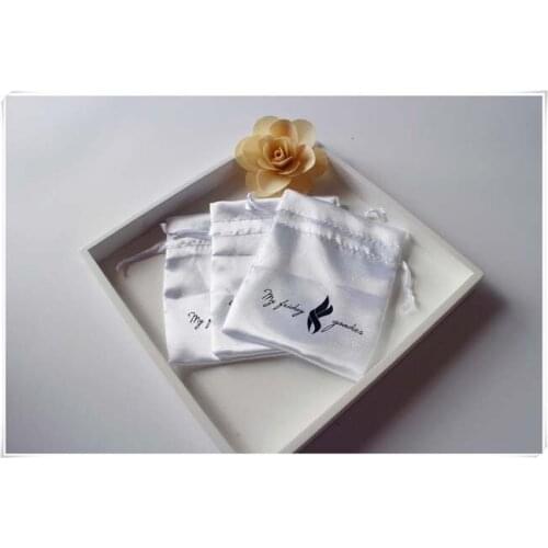 Customized black satin bag with silver logo. bag with ribbon hole but without ribbon free shipping