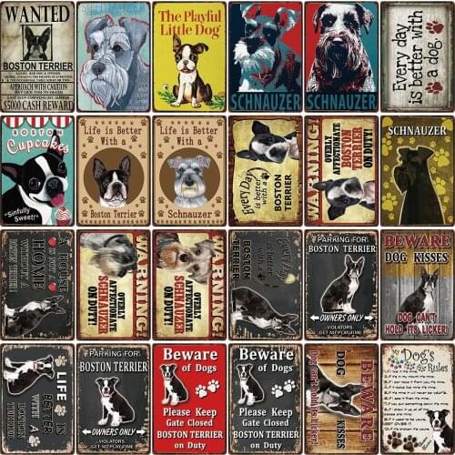 [ Kelly66 ] Pets Warning Dogs Rules Boston Terrier And Schnauzer Metal Sign Home Decor Bar Wall Art Painting 20*30 CM Size DG-36