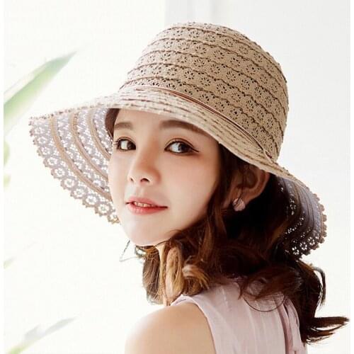 Mingjiebihuo Korean version of the lace hollow hat female spring and summer wild folding sunscreen sunshine beach hat
