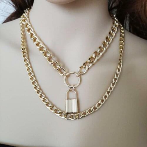 Fashion 2021 Pumk Jewelry Trendy Geometric Lock Necklaces for Women Simple Multilayer Gold Choker Pendant Necklace