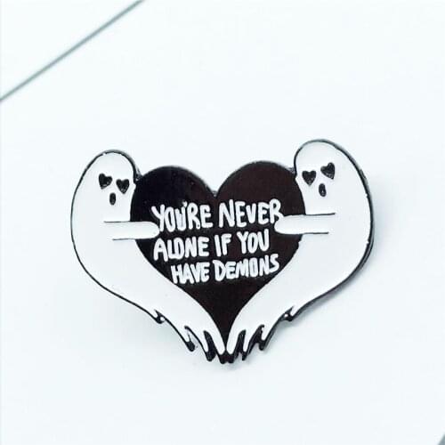 New YOURE NEVER ALONE heart-shaped brooch ghost holding love childrens couple brooch gift backpack clothing pendant jewelry