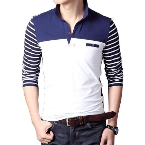 Casual Men Long Sleeve T-shirt stripe Stitching Buttons 95%Cotton Elastic Slim Fit Dress T Shirt Men Spring Autumn Tops & Tees