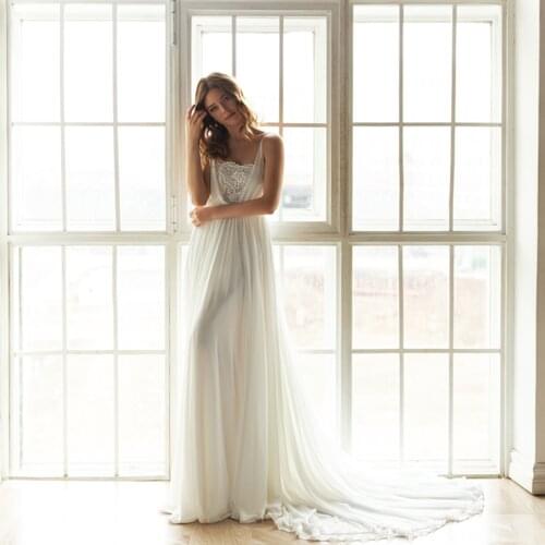 Sexy Chiffon Wedding Dress 2021 Spaghetti Straps Beading Applique A Line Sweep Train Bridal Gown Wedding Dresses
