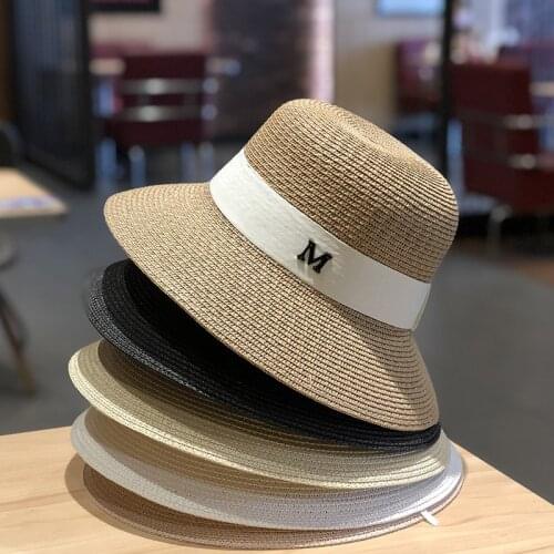 Hats For Women Womens Sun Hat Female Summer M Letter Straw Hat Anti-UV Beach Visor Caps Fashion Ladies Ribbon Dome Panama Hat