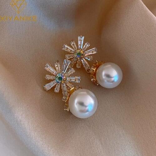 XIYANIKE Shining Charming Rhinestone Flower Earrings Plant Elegant Short Pendant Pearl Earrings For Women 2020 Fashion Jewelry