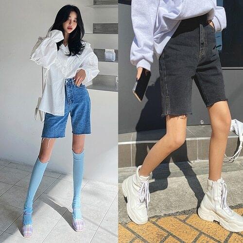 Retro high-waisted thin short jeans with split raw edges straight five-point pants 2021 summer Korean fashion womens clothing