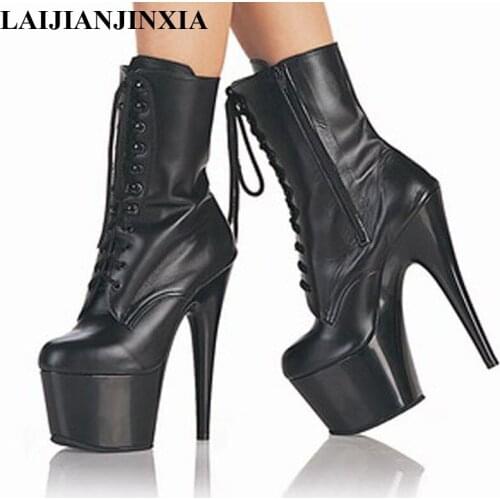 LAIJIANJINXIA women Dance Shoes sexy 17cm ultra high heel shoes,pumps boots soft leather black Ankle boots,plus big size 34-46