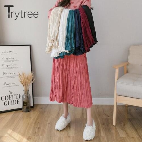 Trytree 2020 Spring Women Casual Skirt Solid 7 Color Vintage Pleated A-line All-Purpose Style Elastic Waist Fashion Skirt