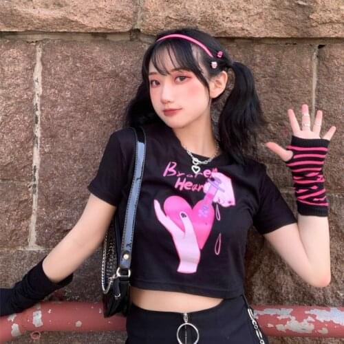 Y2k Short T-Shirt Women Broken Sweetheart Kawaii Pink Top Punk Hip-Hop Streetwear Cute Girl Vintage Harajuku Clothes Summer Tops