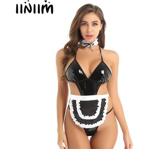 Womens Femme Erotic Maid Dress Cosplay Costumes Fetish Plunging Cut Out Backless Sexy Clubwear Bodysuit with Apron and Choker